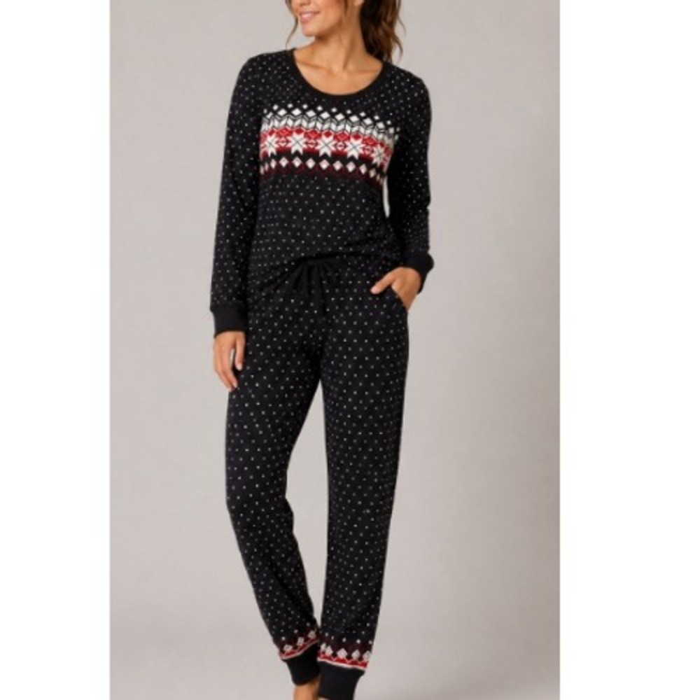 Hanna Andersson Women's Black Fairisle Holiday Long John Pajama Top Size S